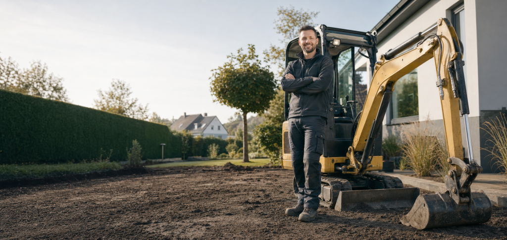 Inhaber von Breyer Gartengestaltung mit Minibagger auf einer Gartenbaustelle